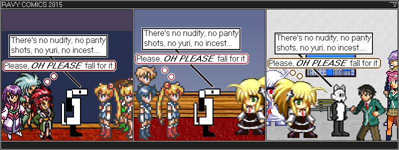 Tenchi Muyo: Ryoko + Ayeka + Washu. Sailor Moon RPG: Sailor Uranus + Sailor Mercury + Sailor Moon.
		Rosenkreuzstilette and Rosenkreuzstilette Freudenstachel: Feudia Neuwahl + Spiritia Rosenberg.
		Rosario Vampire: Tsukune + Moka + Mizore. A certain irony about that first panel.